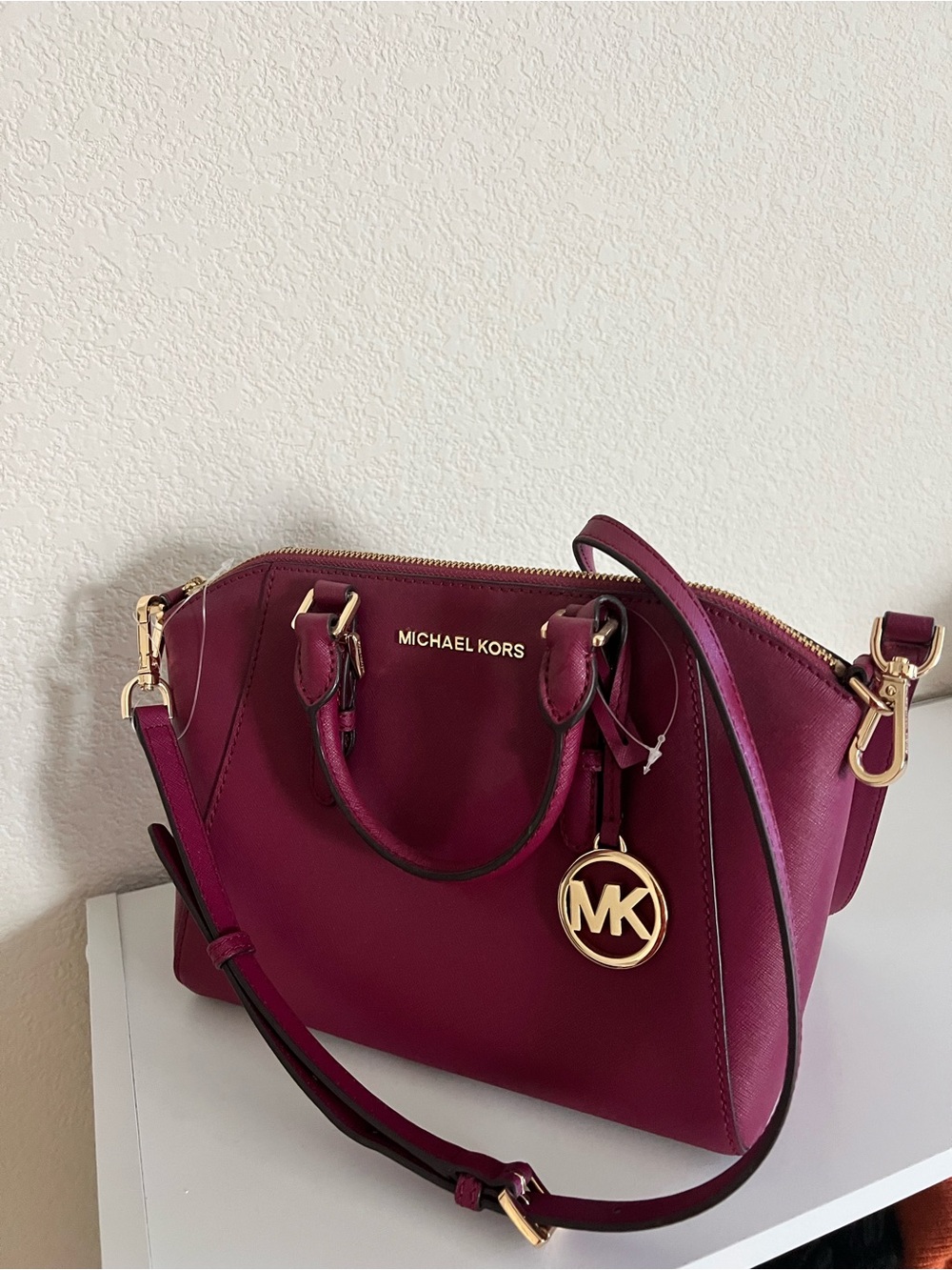 Michael Kors Wine Saffiano Leather Satchel with Gold Accents